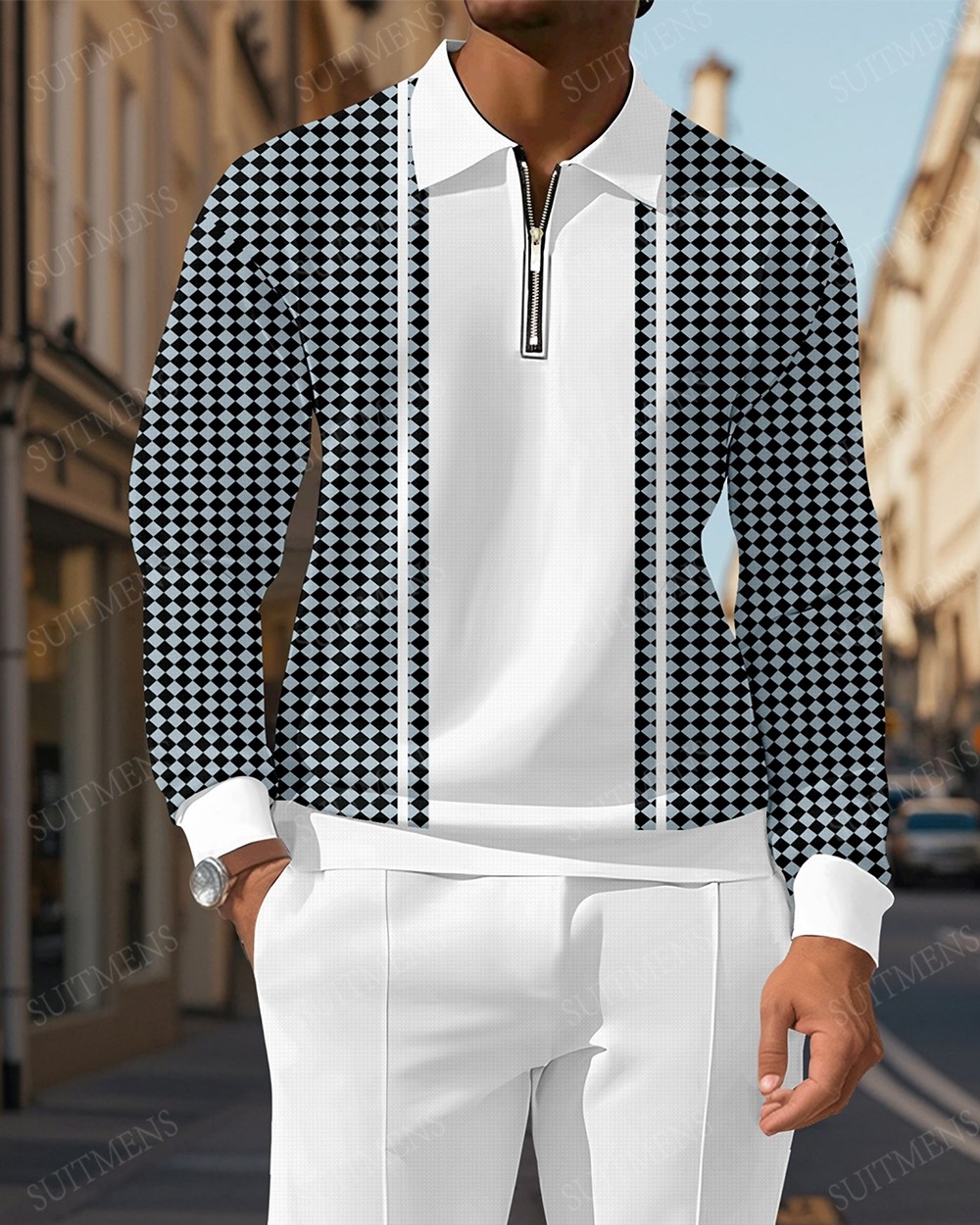 Men's Casual Colorblock Personalized Long Sleeve Polo Shirt Set  009