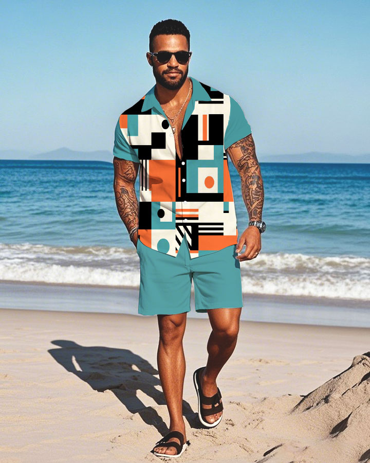 Men's Fashion Casual Lapel Collar Geometric Printed Short-Sleeved Two-Piece Set