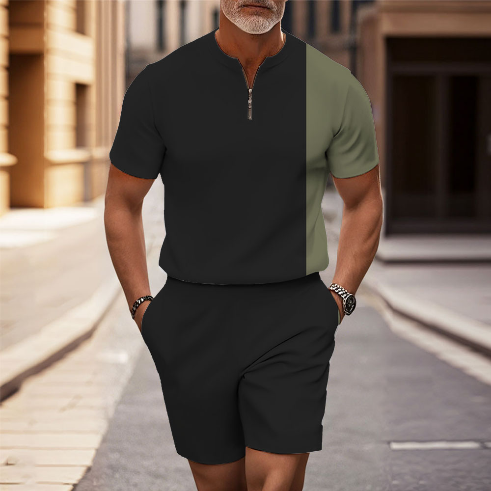 Men's Fashion Casual Round-Neck Geometric Printed Short-Sleeved Two-Piece Set