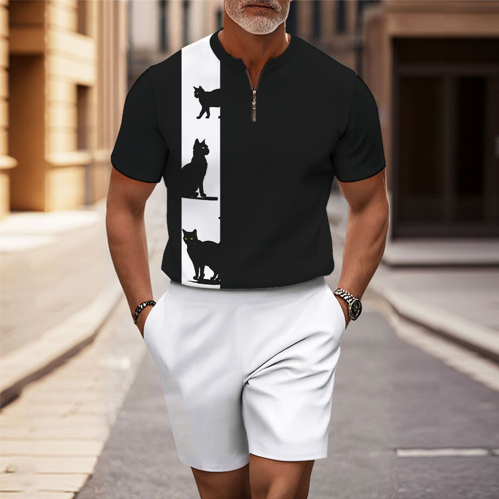 Men's Fashion Casual Round-Neck Geometric Printed Short-Sleeved Two-Piece Set