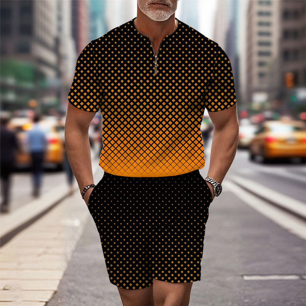 Men's Fashion Casual Round-Neck Geometric Printed Short-Sleeved Two-Piece Set