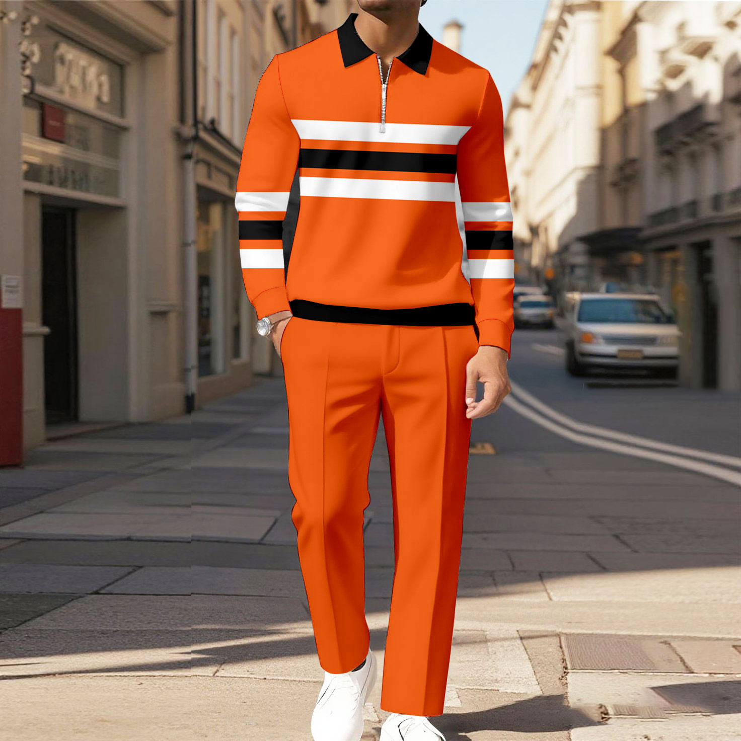 Men's Casual Color Matching Printed Polo-Collar Zipper Long Sleeved Trousers Two-Piece Set