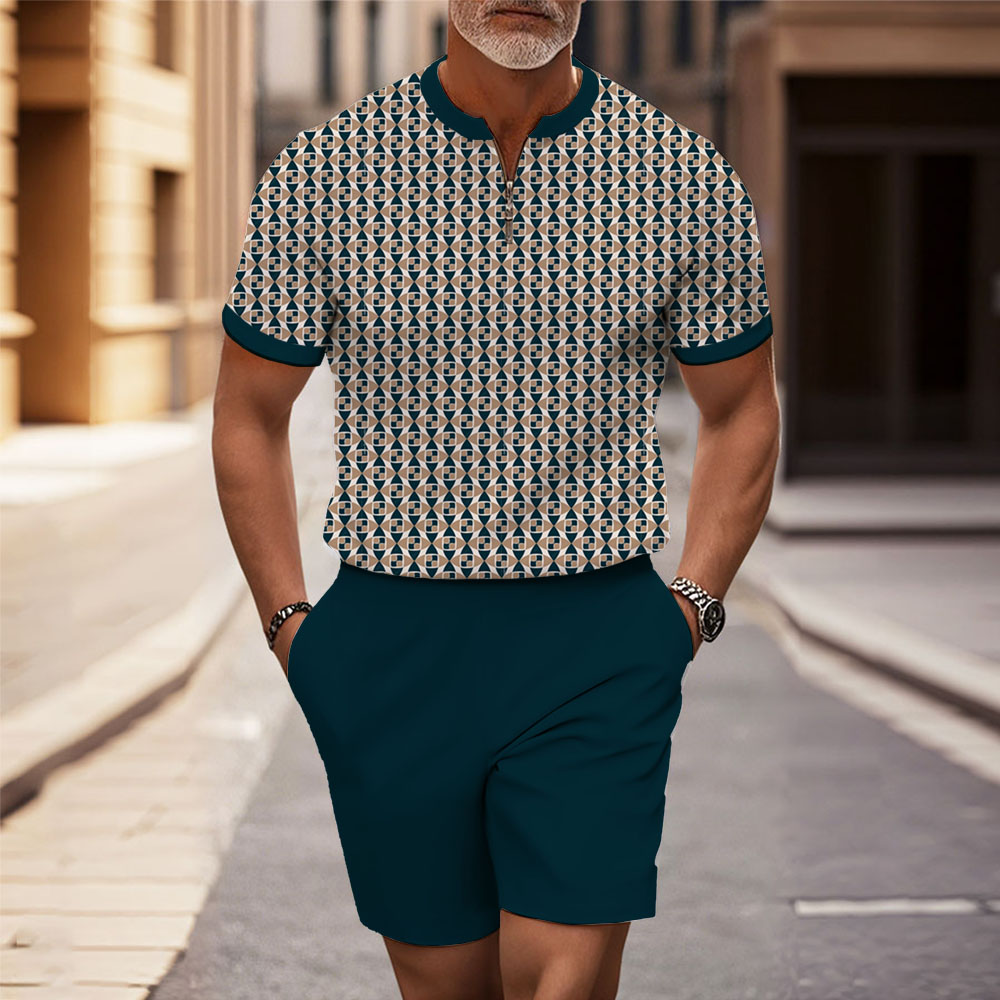 Men's Fashion Casual Round-Neck Geometric Printed Short-Sleeved Two-Piece Set 8266