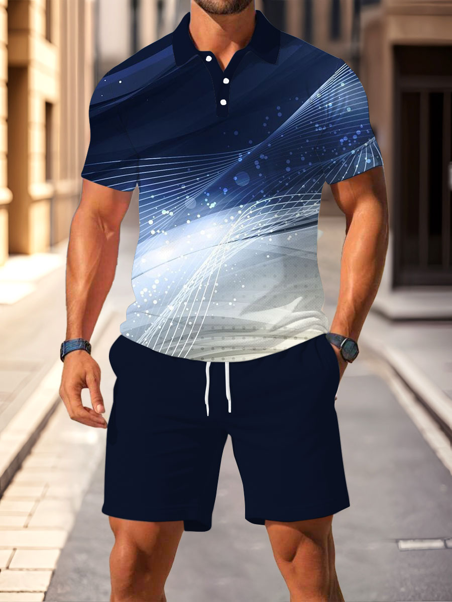 Men's Fashion Casual Polo Collar Geometric Printed Short-Sleeved Two-Piece Set