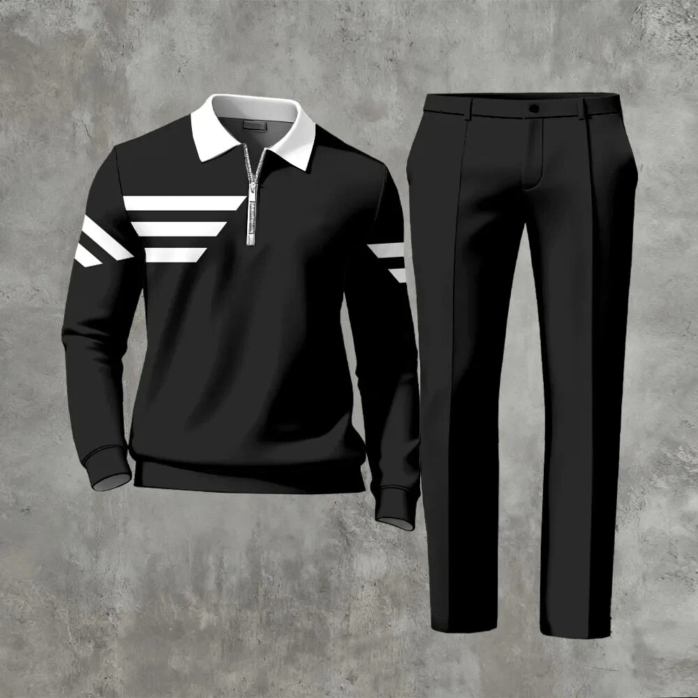Men's Casual Color Matching Printed Polo-Collar Zipper Long Sleeved Trousers Two-Piece Set
