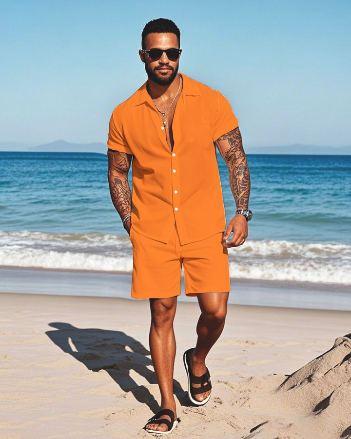 Men's Fashion Casual Lapel Collar Solid Color Short-Sleeved Two-Piece Set