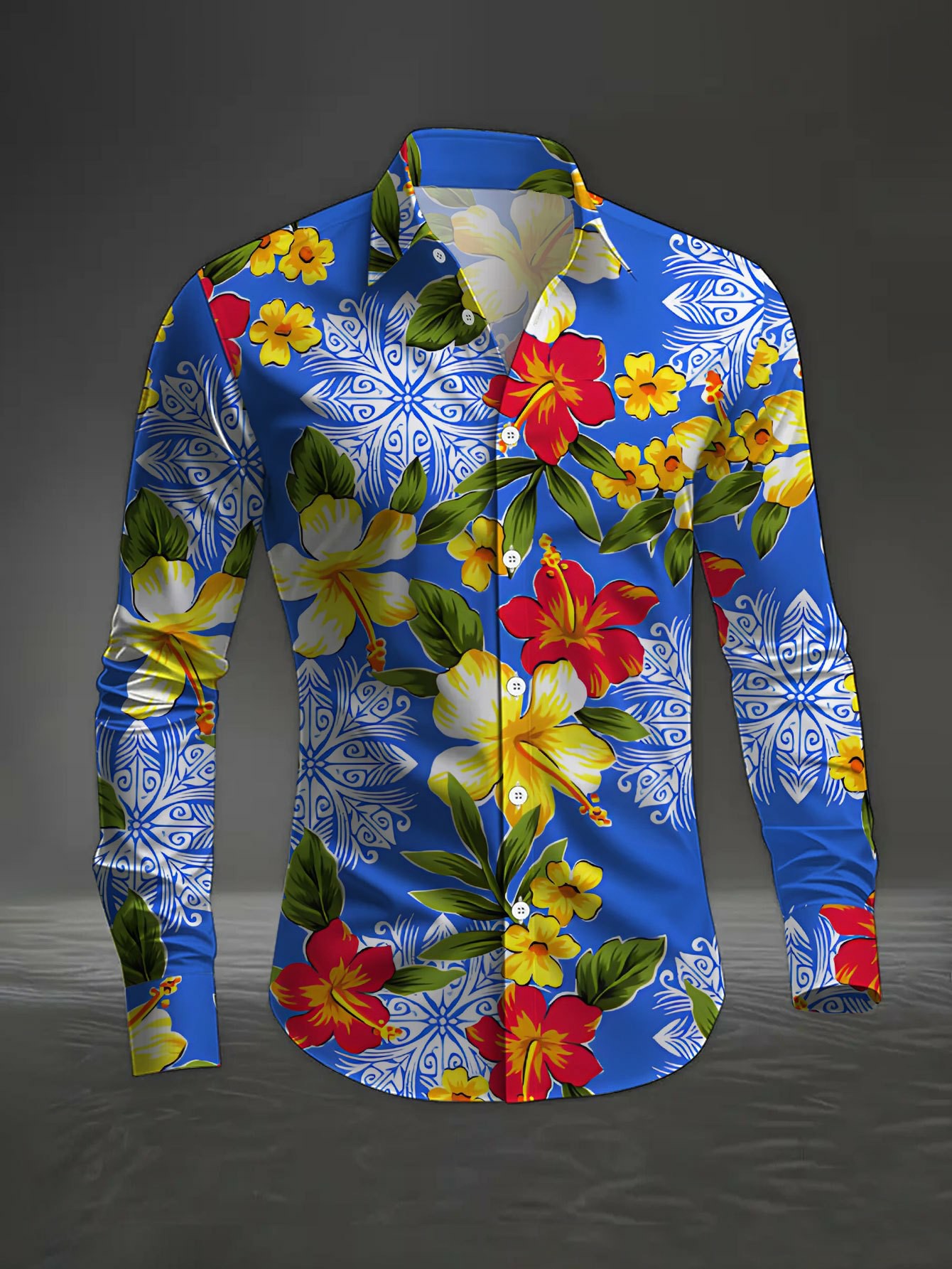Men's Casual Blue & Flower Print Long-Sleeve Shirt
