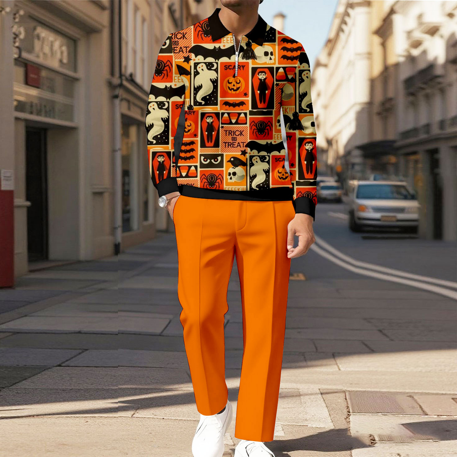 Men's Casual Color Matching Halloween Printed Polo-Collar Zipper Long Sleeved Trousers Two-Piece Set