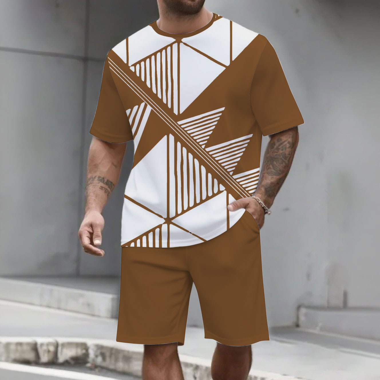 Men's Fashion Casual Color Matching Printed Short-Sleeved Two-Piece Set