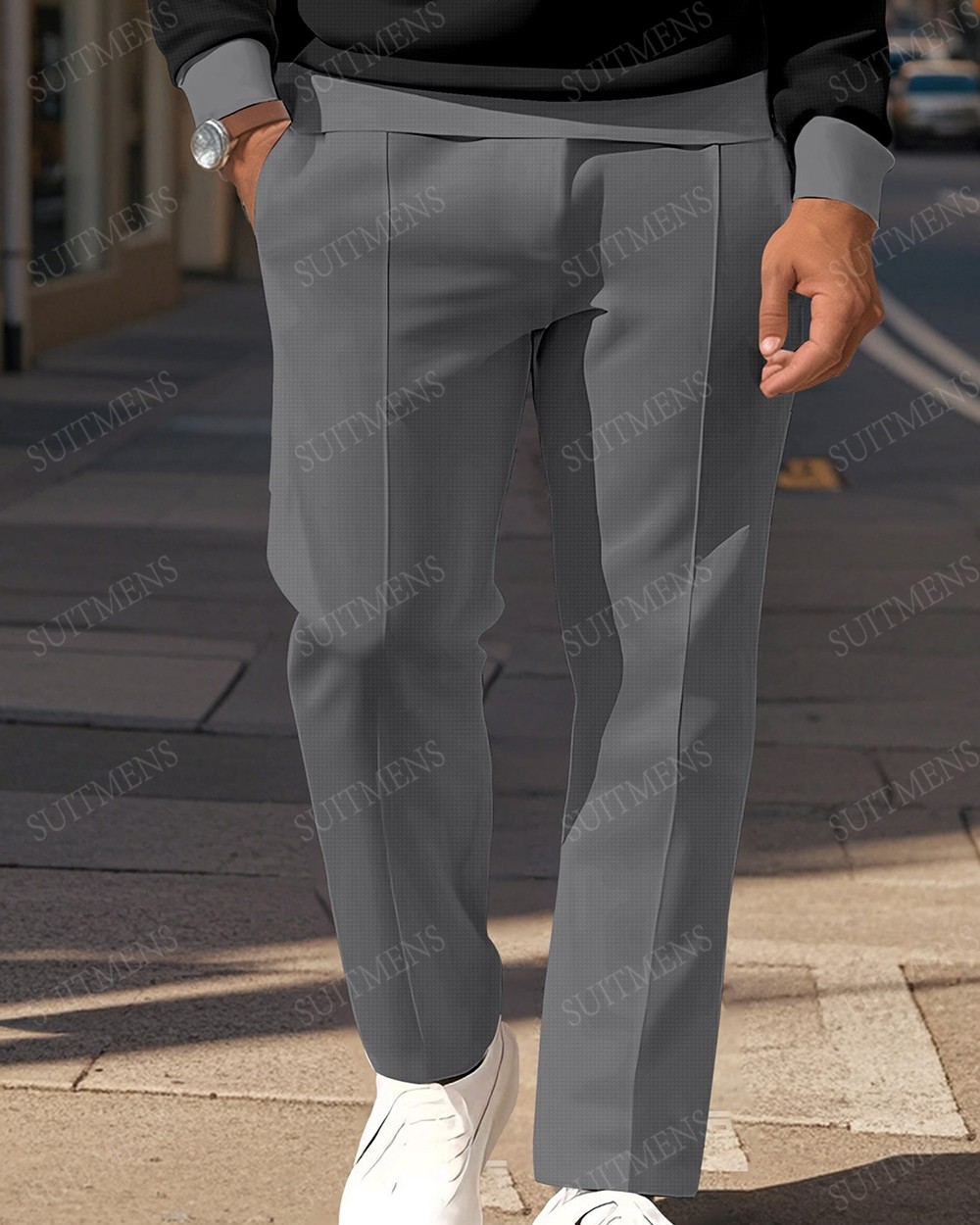 Men's Casual Colorblock Personalized Long Sleeve Polo Shirt Set  0010