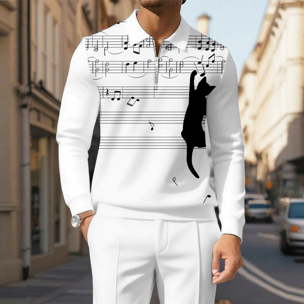Men's Casual Cats And Sheet Music Printed Polo-Collar Zipper Long Sleeved Trousers White Two-Piece Set