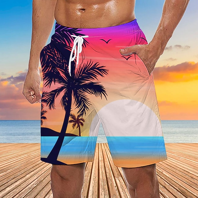 Men's Graphic Coconut Tree Swim Trunks Swim Shorts Board Shorts Mid Waist Streetwear Hawaiian Boho Casual Daily Holiday Drawstring Elastic Waist 3D Print Designer Clothing Apparel