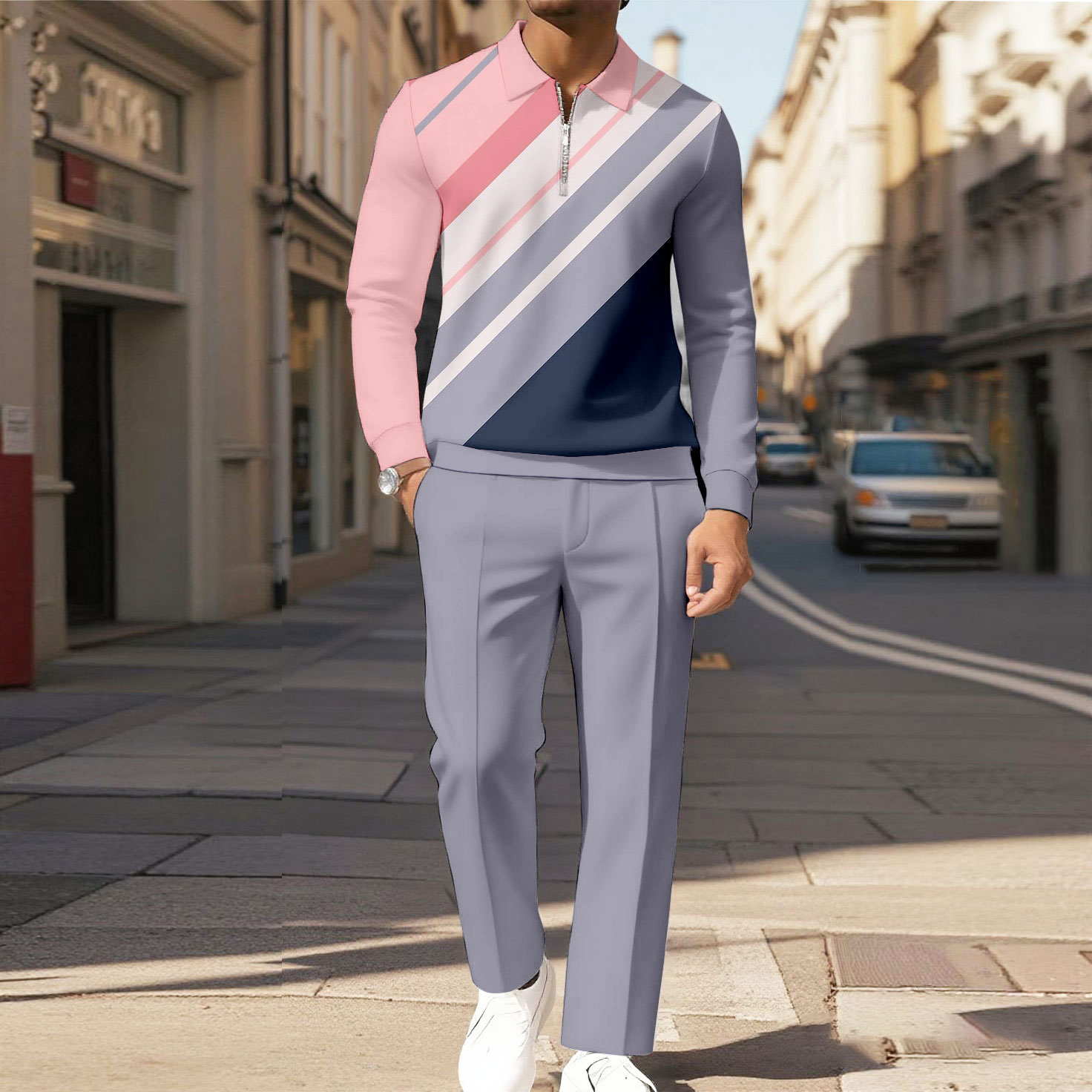 Men's Casual Color Matching Printed Polo-Collar Zipper Long Sleeved Trousers Two-Piece Set 1218