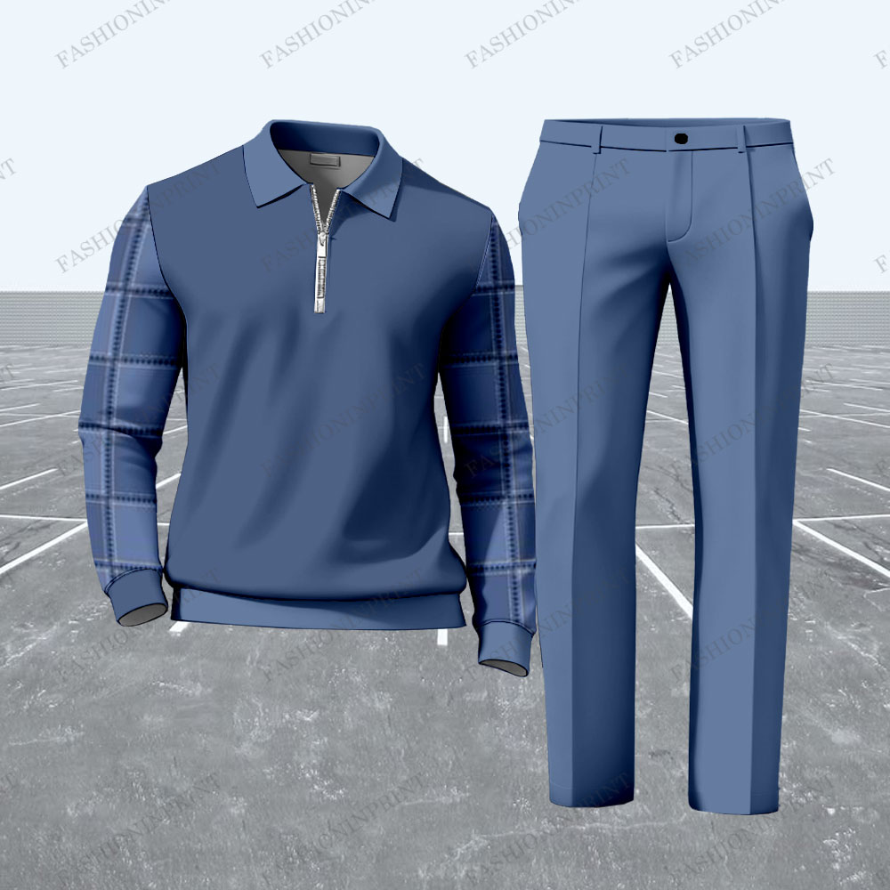 Men's Dark Blue Plaid Zip-Up Sweatshirt and Pants Two-Piece Set