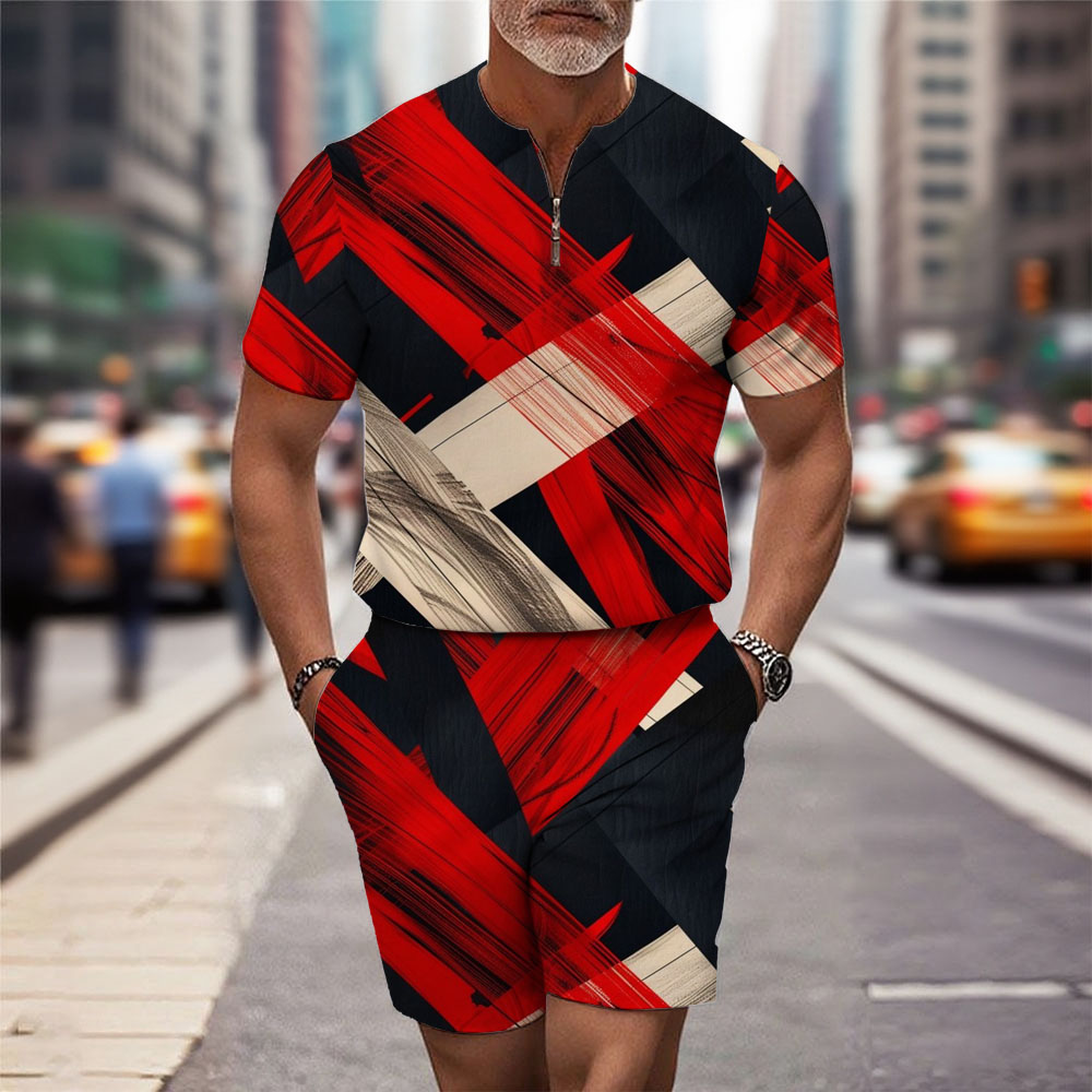 Men's Fashion Casual Round-Neck Geometric Printed Short-Sleeved Two-Piece Set