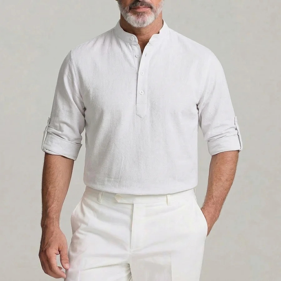 Men's Solid Color Stand Collar Half Placket Roll Tab Long White Sleeve Shirt