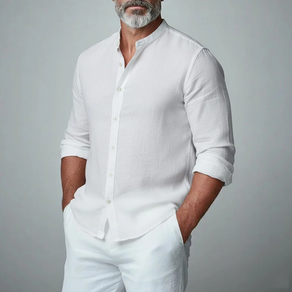 Men's Long- Sleeved Solid Color Small Stand Collar Shirt