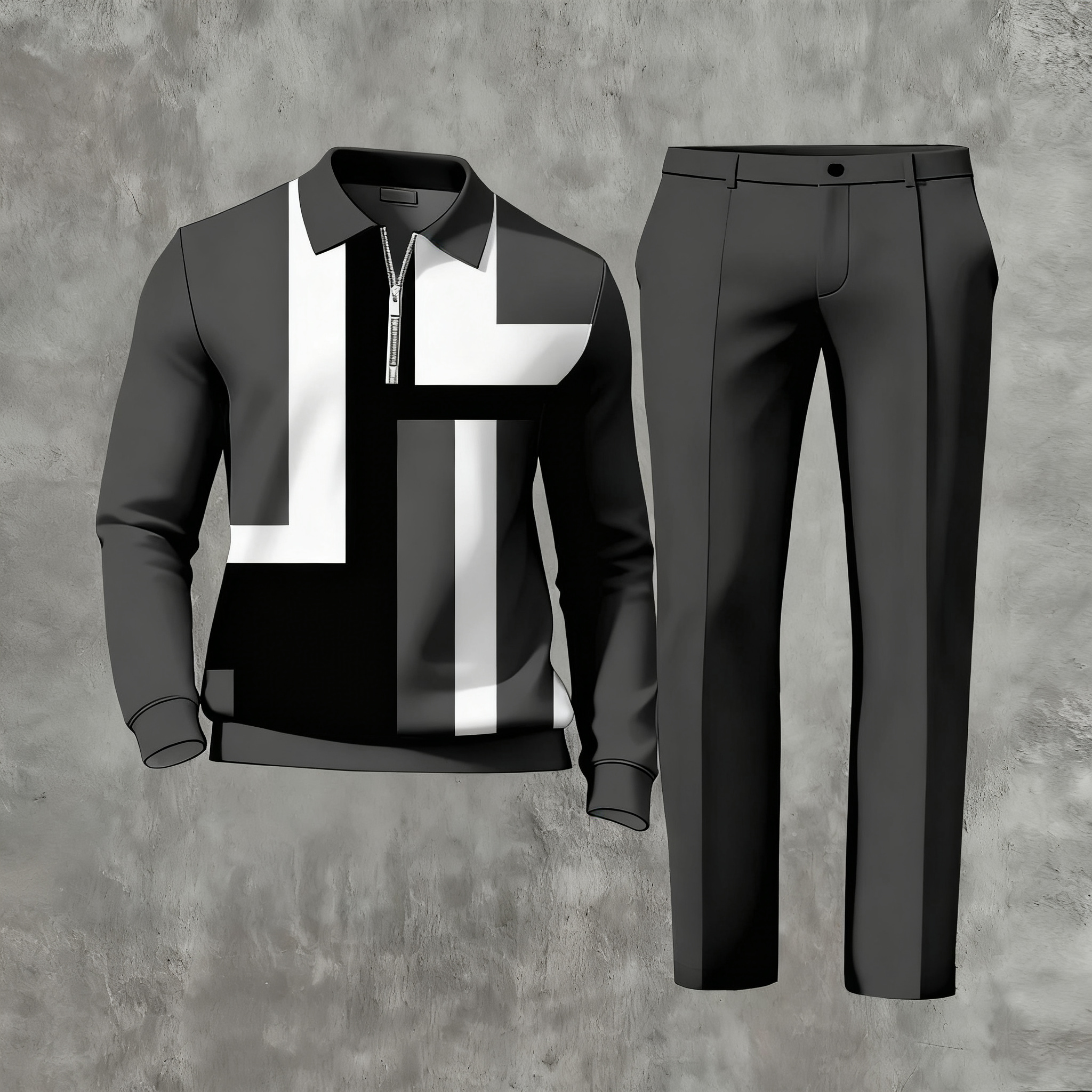 Men's Christmas Color Matching Printed Polo-Collar Zipper Long Sleeved Trousers Two-Piece Set