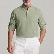 Men's Solid Color Stand Collar Half Placket Roll Tab Long Green Sleeve Shirt