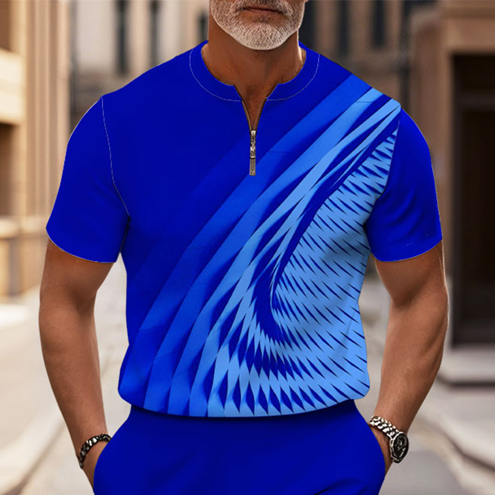 Men's Fashion Casual Round-Neck Geometric Printed Short-Sleeved Two-Piece Set