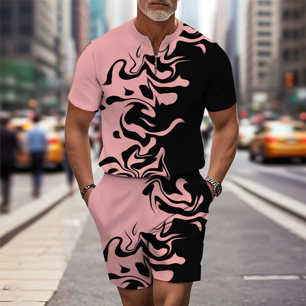 Men's Fashion Casual Round-Neck Geometric Printed Short-Sleeved Two-Piece Set