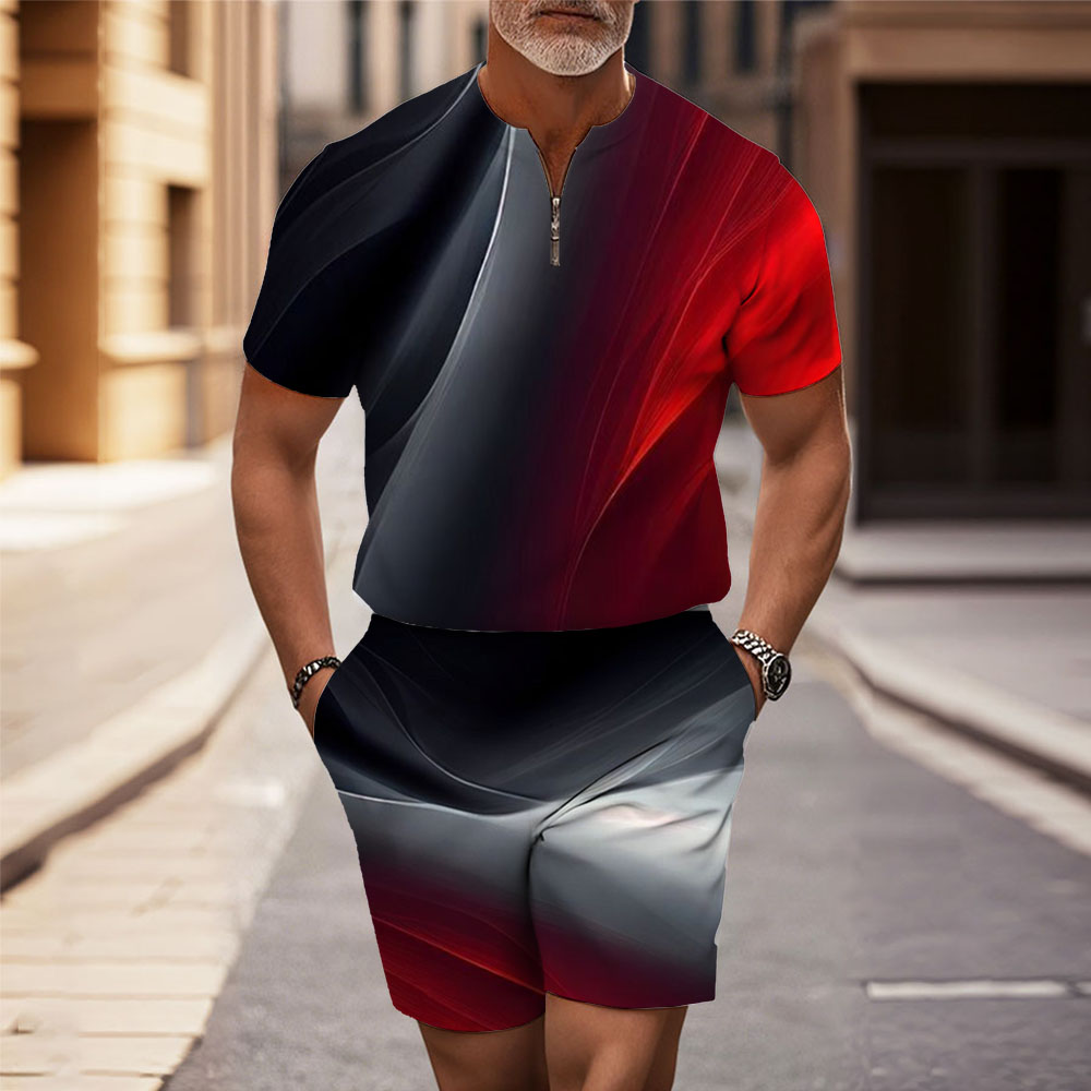 Men's Fashion Casual Round-Neck Geometric Printed Short-Sleeved Two-Piece Set