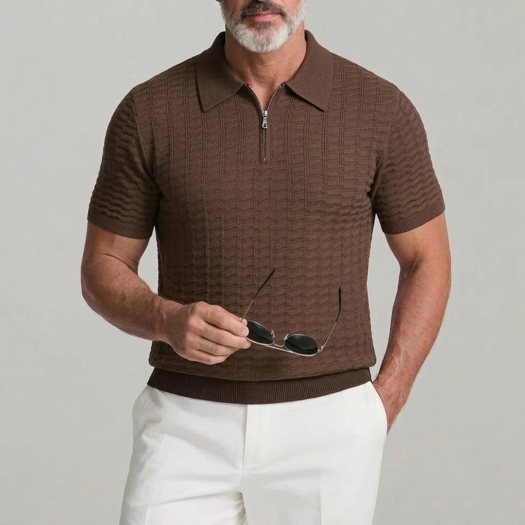 Men's Business Casual Solid Color Geometric Texture Zipper Polo Shirt