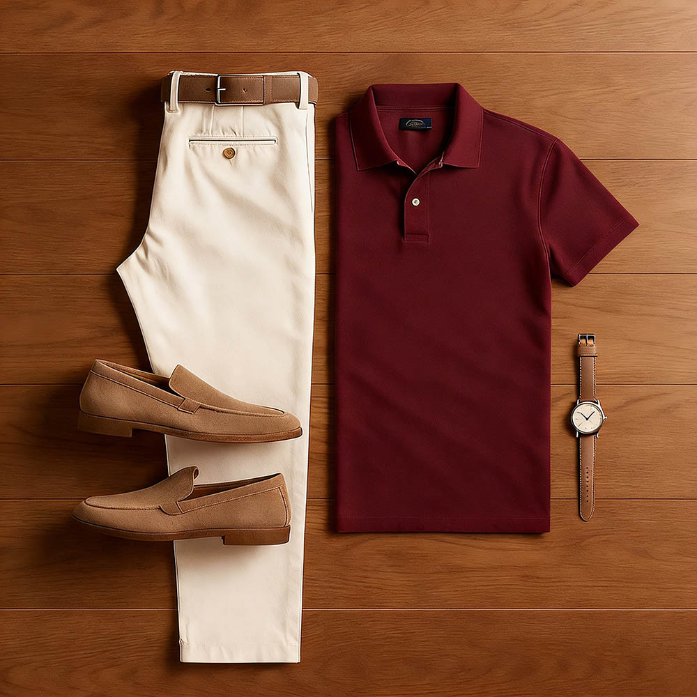 Men's Casual Dark Red & Khaki Color Matching Short Sleeved Polo Shirt & Trousers Two-Piece Set