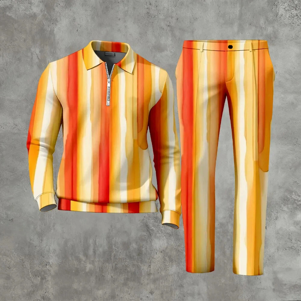 Men's Casual Color Matching Printed Polo-Collar Zipper Long Sleeved Trousers Two-Piece Set 1020