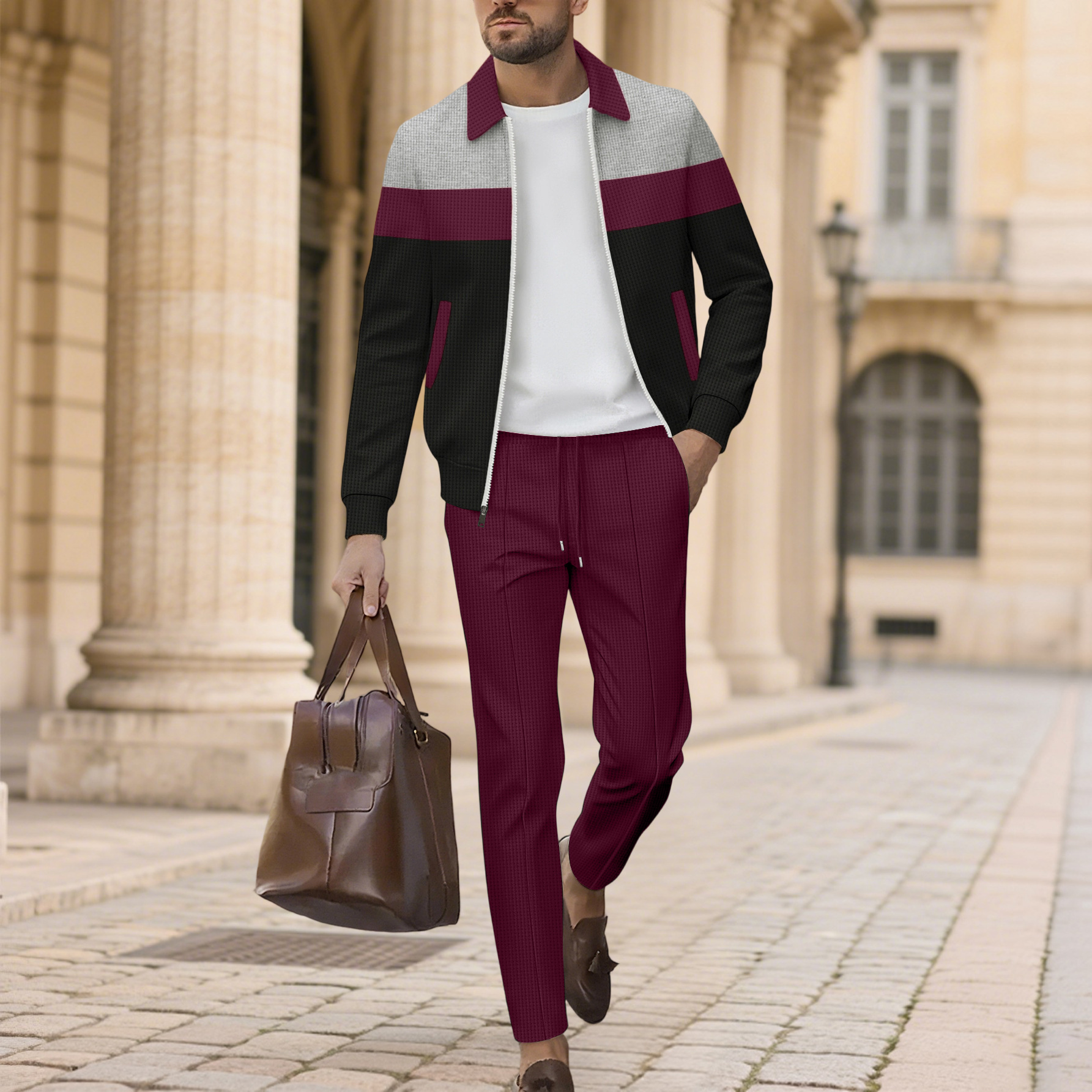 Men's Casual Color Matching Lapel-Collar Zipper Long Sleeved Jacket & Trousers Two-Piece Set