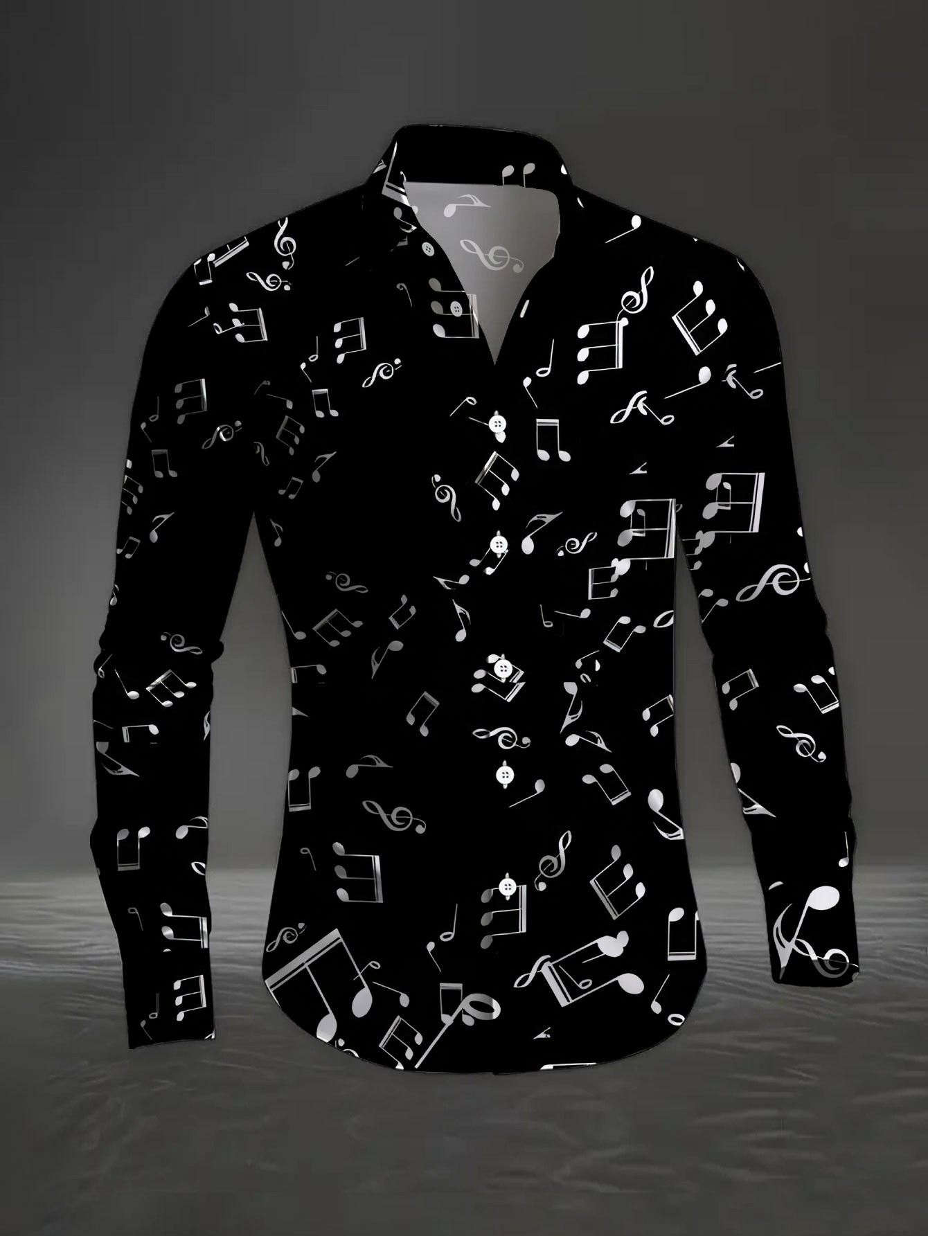 Men's Casual Black & Music Print Long-Sleeve Shirt