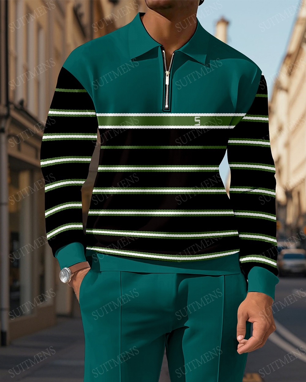 Men's Casual Colorblock Personalized Long Sleeve Polo Shirt Set  0015