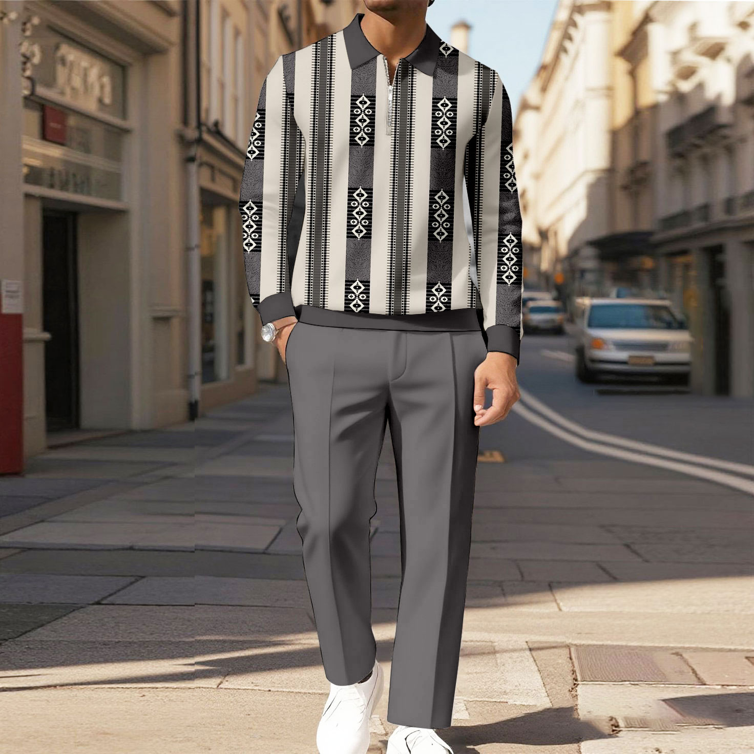 Men's Casual Color Matching Printed Polo-Collar Zipper Long Sleeved Trousers Two-Piece Set 1016