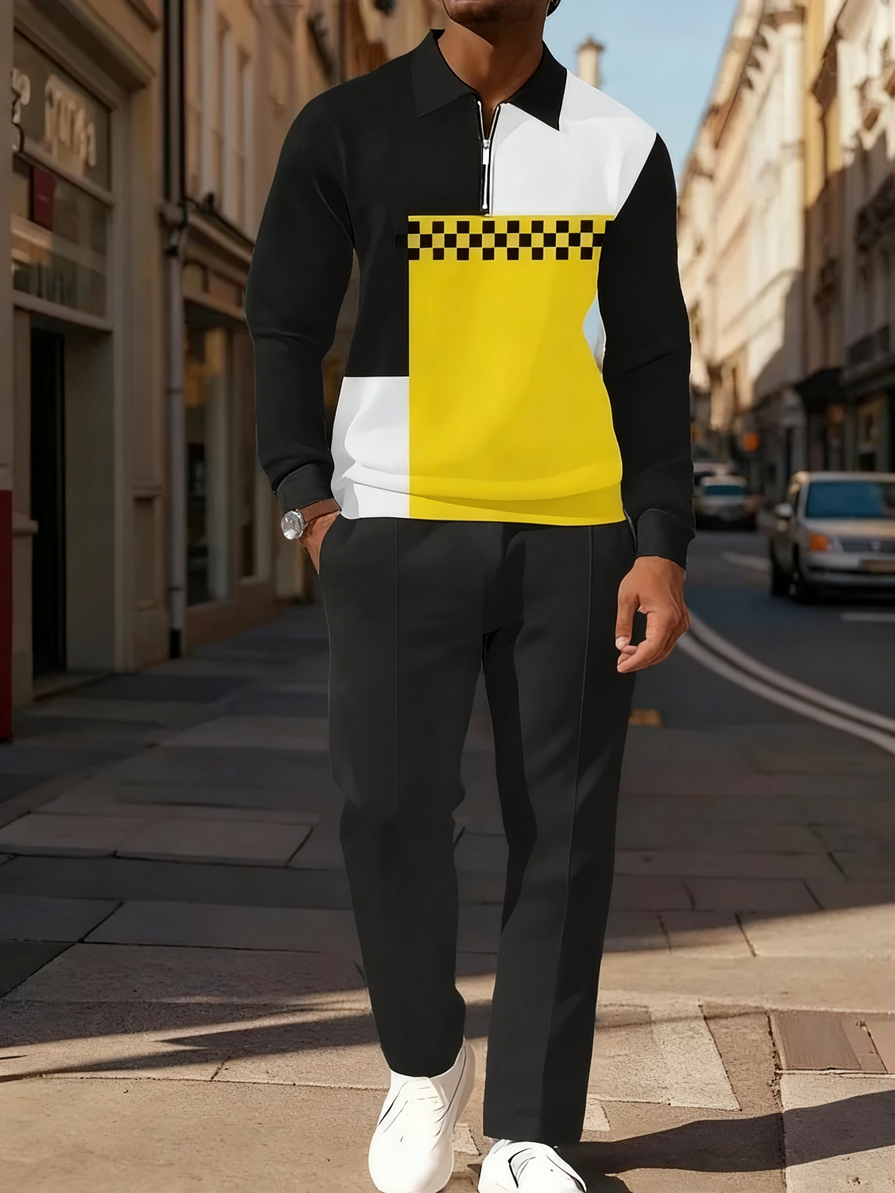 Men's Simple Yellow White Black Geometric Squares Printed POLO Long-sleeved Trousers Two-piece Set