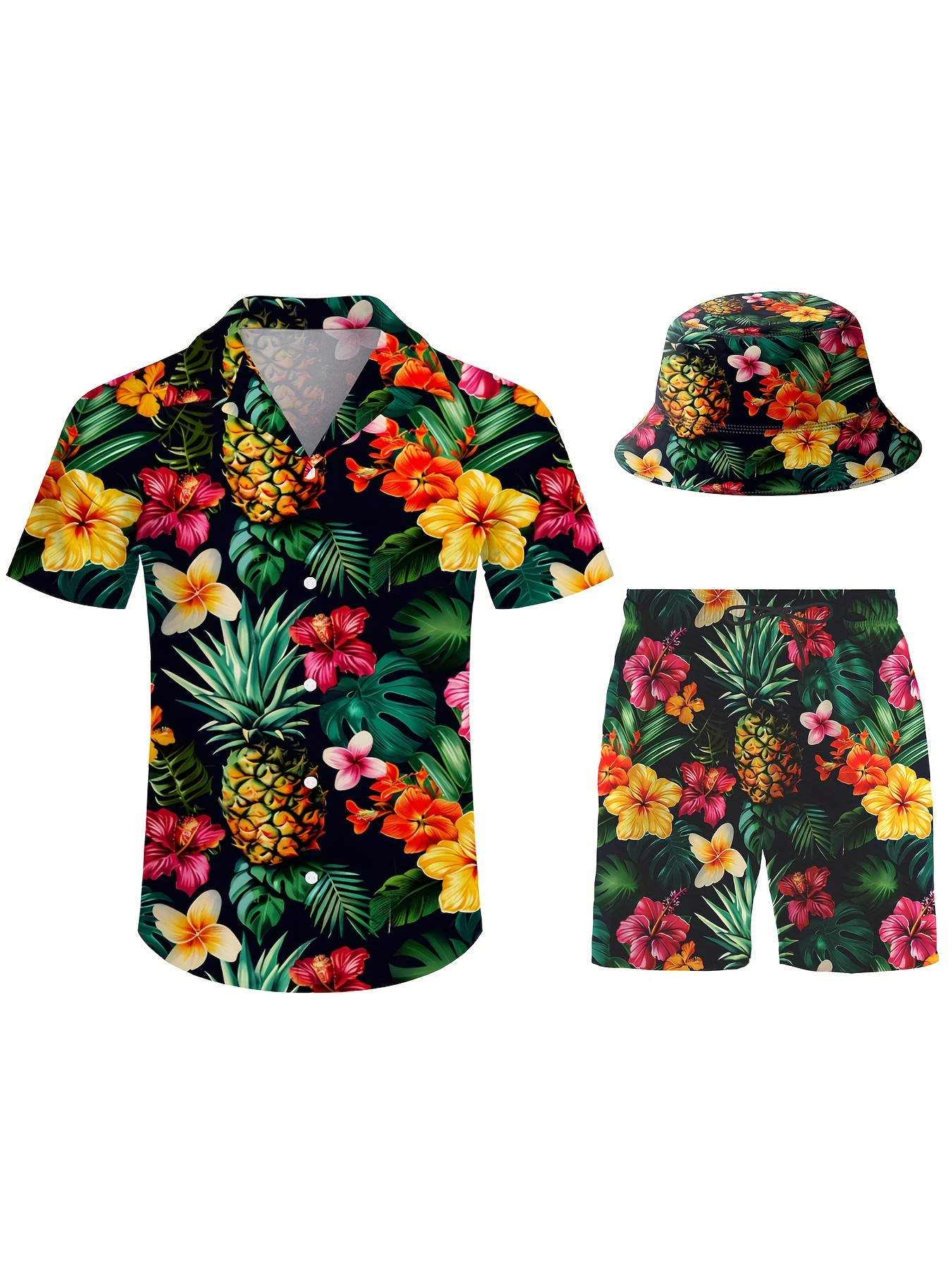 3pcs Men's Hawaiian Black Flower Printed Short Sleeves Shirt & Short & Fisherman's Hat