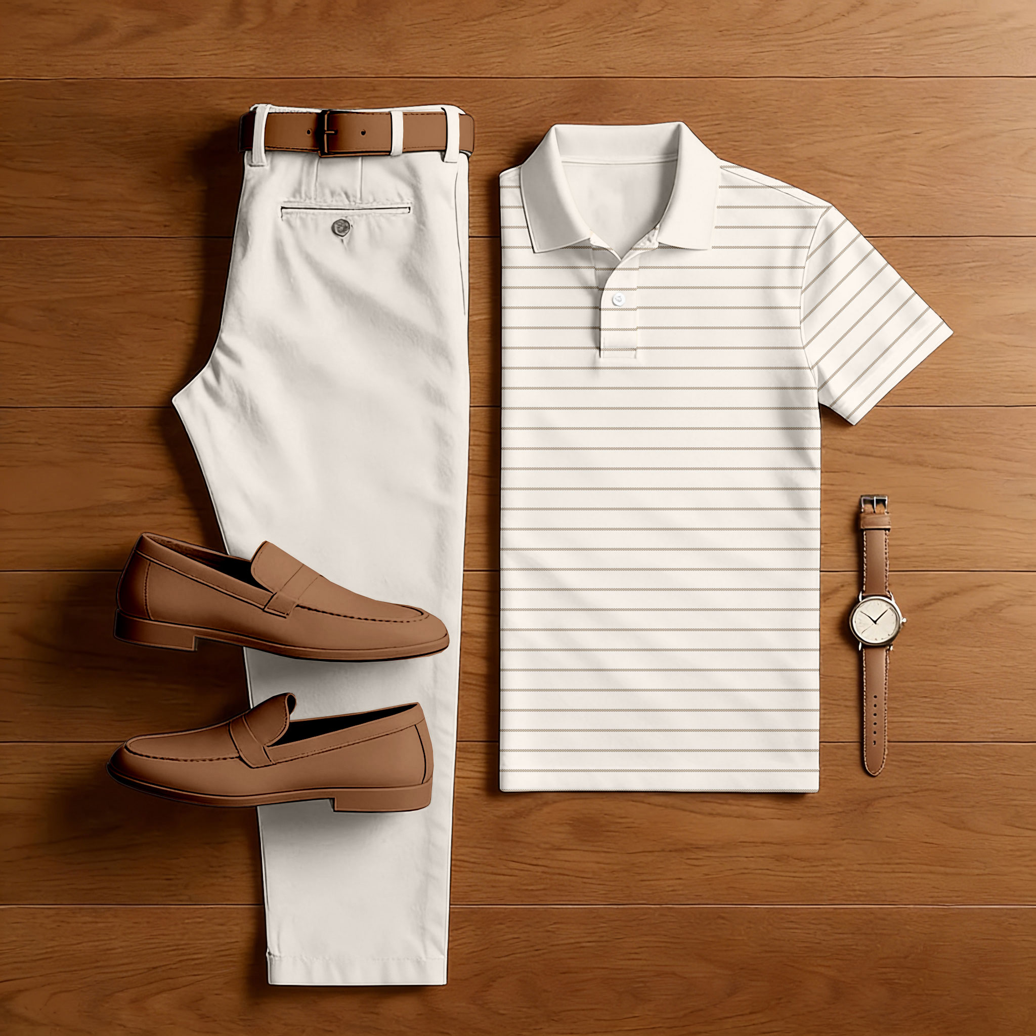 Men's Casual Beige Color Matching Striped Printed Short Sleeved Polo Shirt & Trousers Two-Piece Set