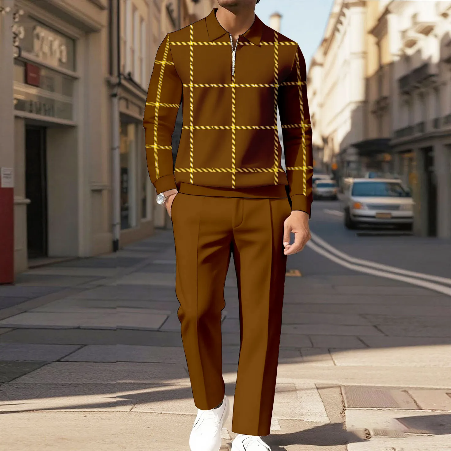 Men's Casual Color Matching Printed Polo-Collar Zipper Long Sleeved Trousers Two-Piece Set 9614