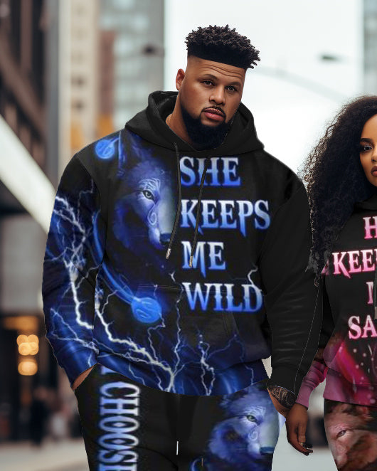 Couple Big and Tall  Wolf Hoodie And Sweatpants Set He Keeps Me Safe She Keeps Me Wild Pink And Blue