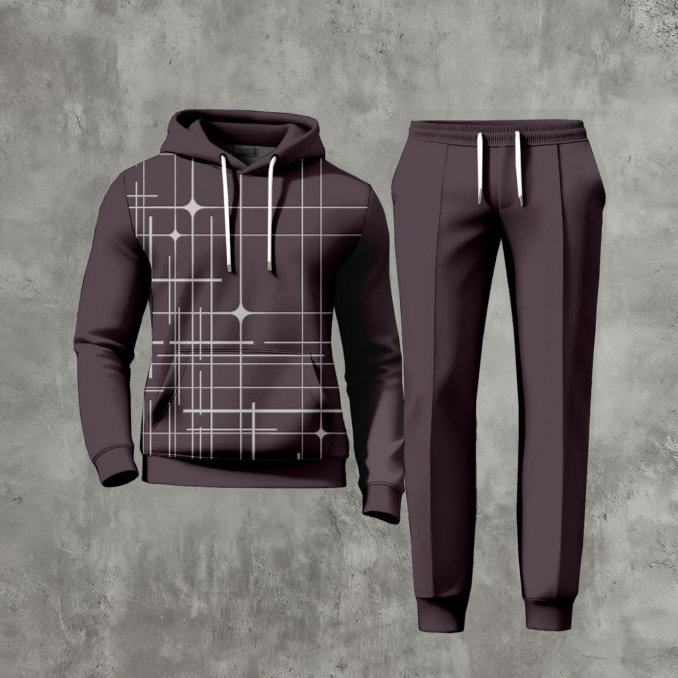 Men's Casual Plaid Printed Long-Sleeved Hoodies Sweatshirt & Trousers Dark Brown Two-Piece Set
