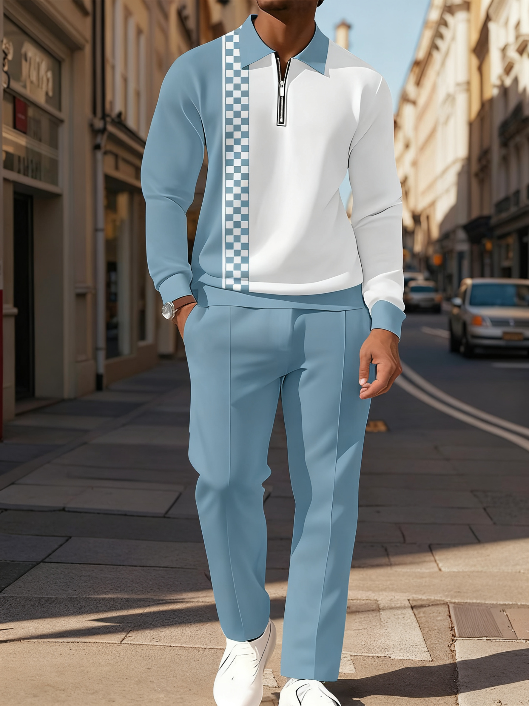 Men's Casual Colorblock Personalized Long Sleeve Polo Shirt Set  007