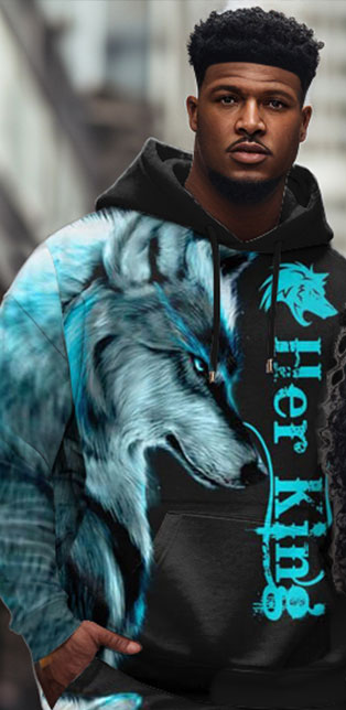 Couple Plus Size Wolf Hoodie & Sweatpants Set "She Keeps Me Wild-He Keeps Me Safe"