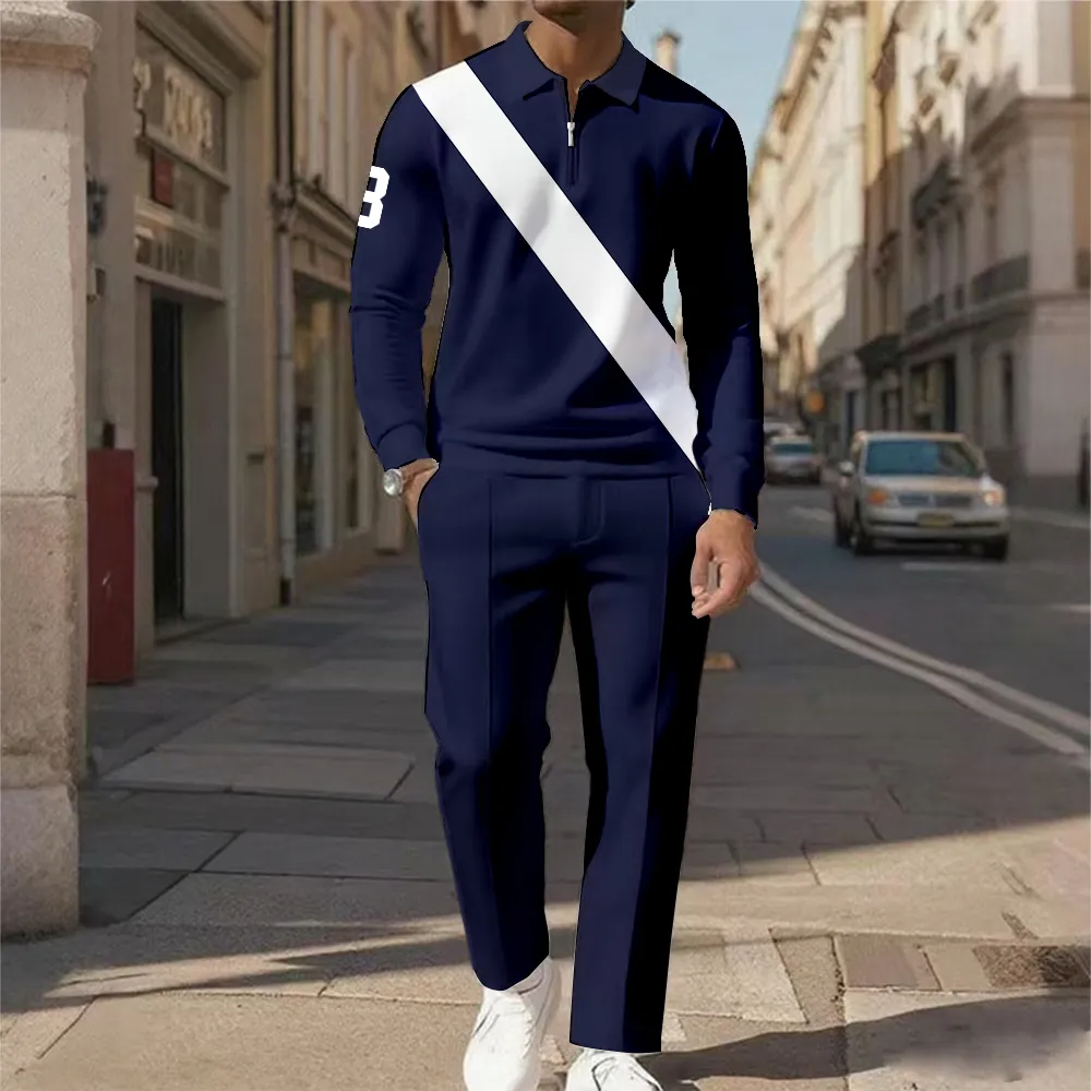 Men's Casual Color Matching Printed Polo-Collar Zipper Long Sleeved Trousers Two-Piece Set 1017