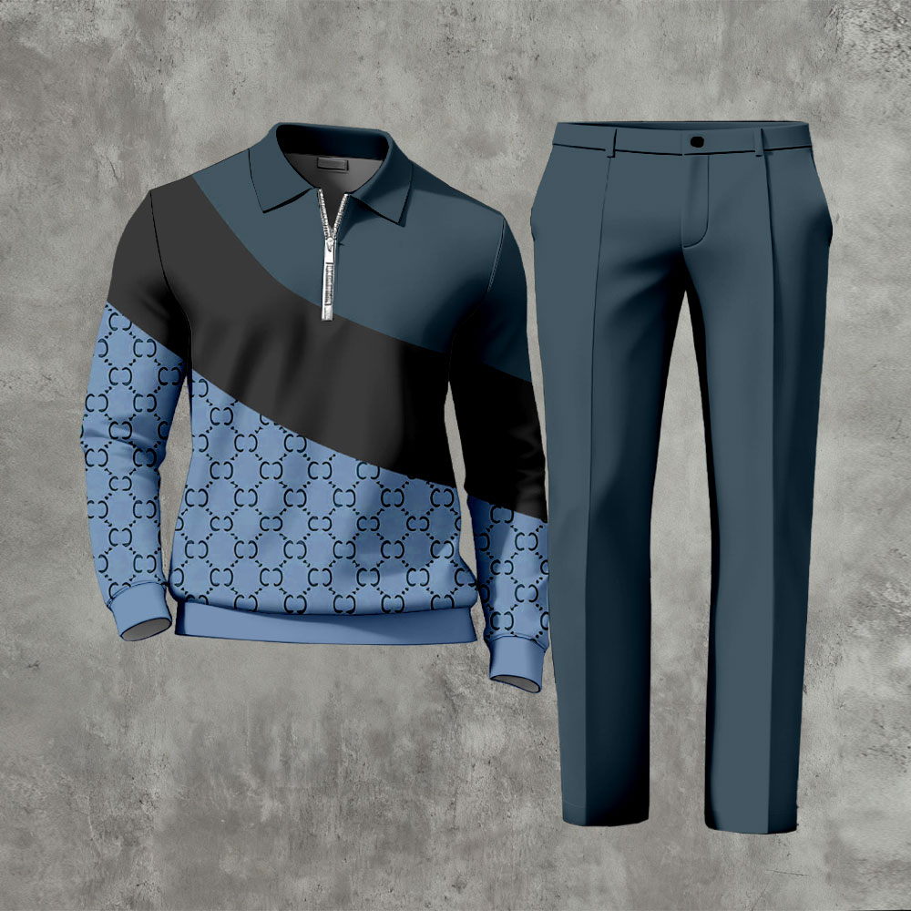 Men's Casual Color Matching Printed Polo-Collar Zipper Long Sleeved Trousers Two-Piece Set