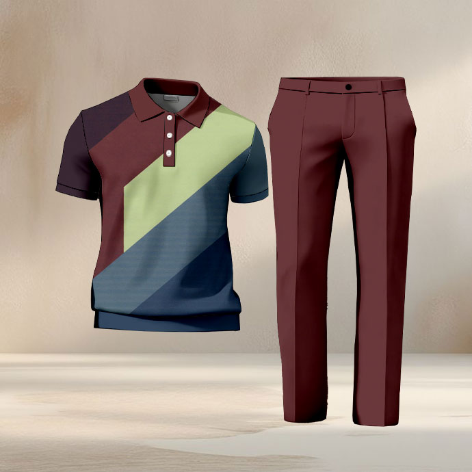 Men's Casual Red Brown Color Matching Geometric Printed Zipper Short Sleeved Polo Shirt & Trousers Two-Piece Set
