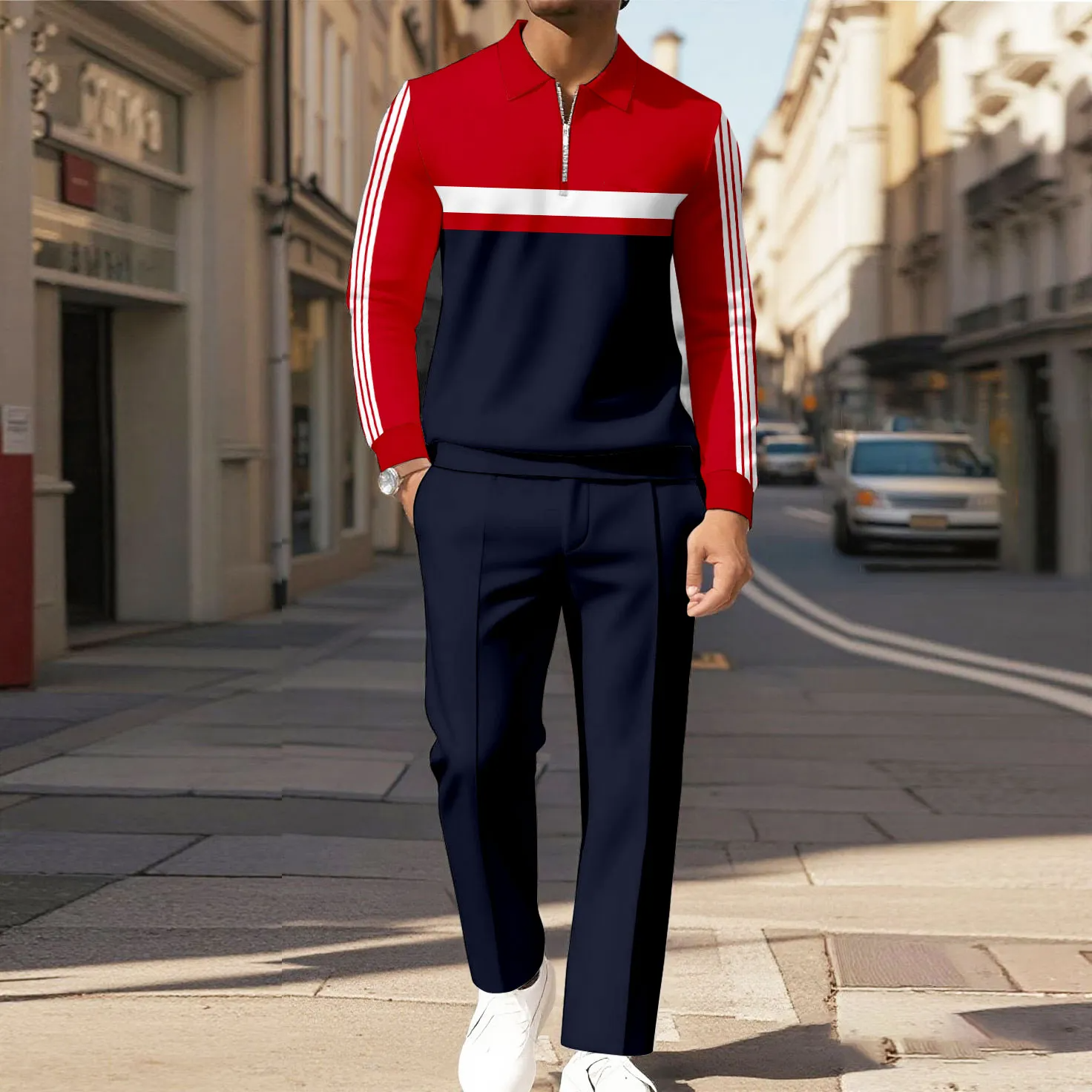 Men's Casual Color Matching Printed Polo-Collar Zipper Long Sleeved Trousers Two-Piece Set 9194