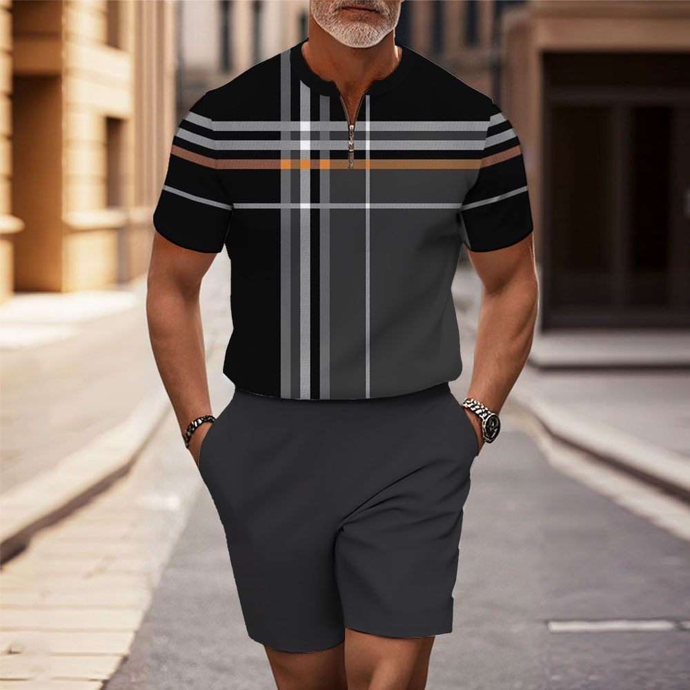 Men's Fashion Casual Round-Neck Geometric Printed Short-Sleeved Two-Piece Set 956