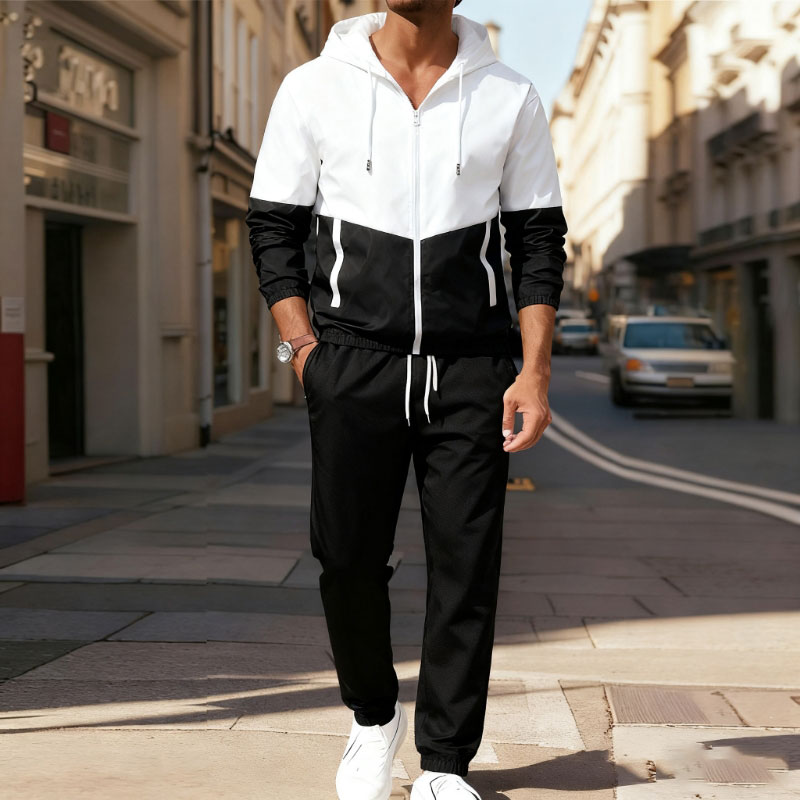 Men's Casual Contrast Color Hoodies Jacket Set