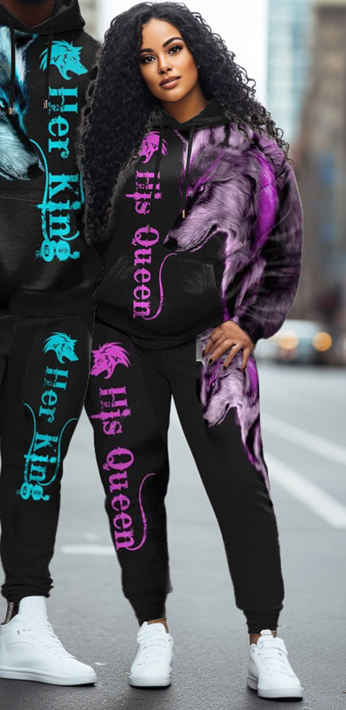 Couple Plus Size Wolf Hoodie & Sweatpants Set "She Keeps Me Wild-He Keeps Me Safe"