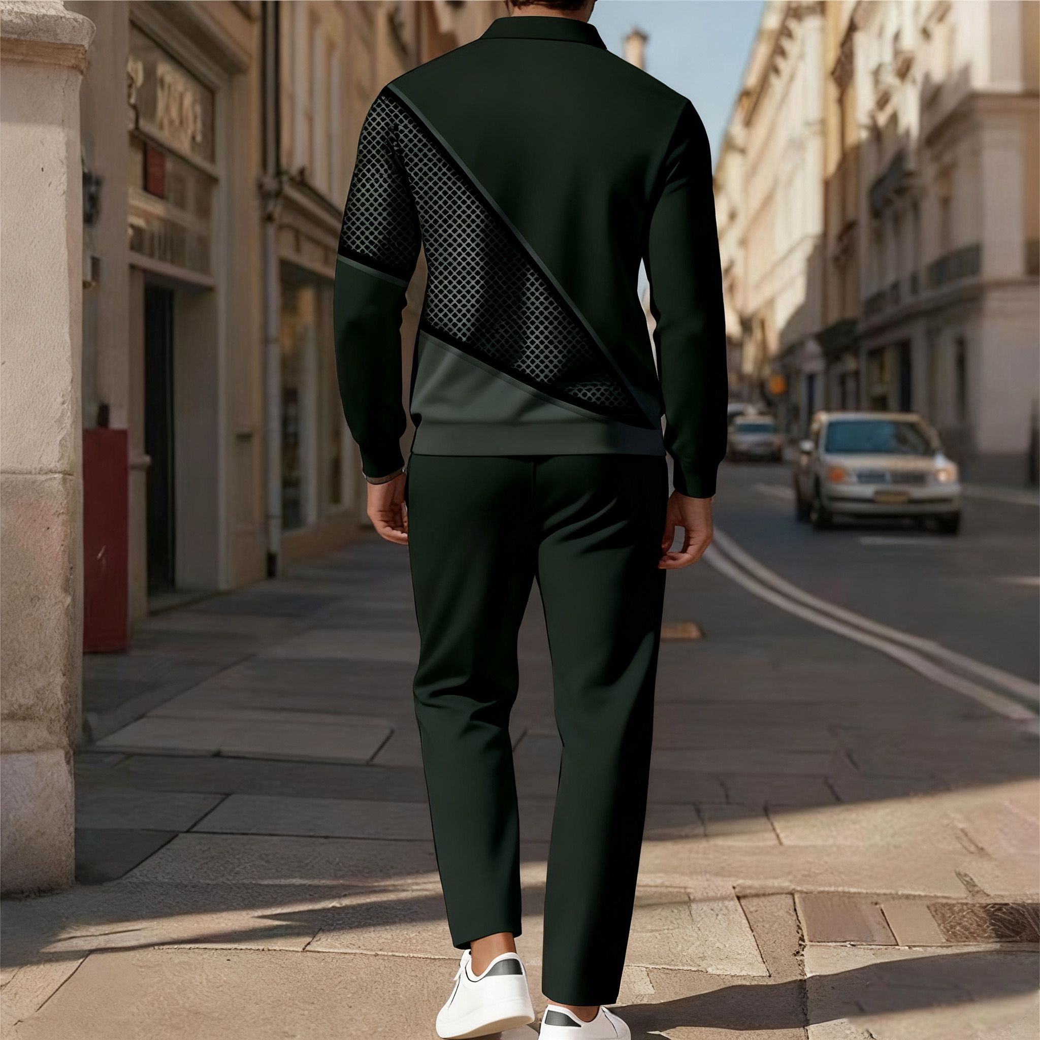 Men's Casual Color Matching Printed Polo-Collar Zipper Long Sleeved Trousers Two-Piece Set 1014