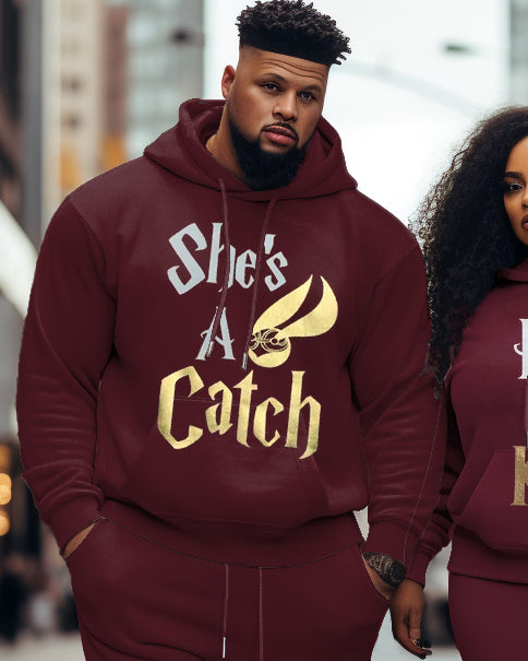 Couple Matching Big & Tall Casual Hoodie Set "She's a Catch-He's a Keep"